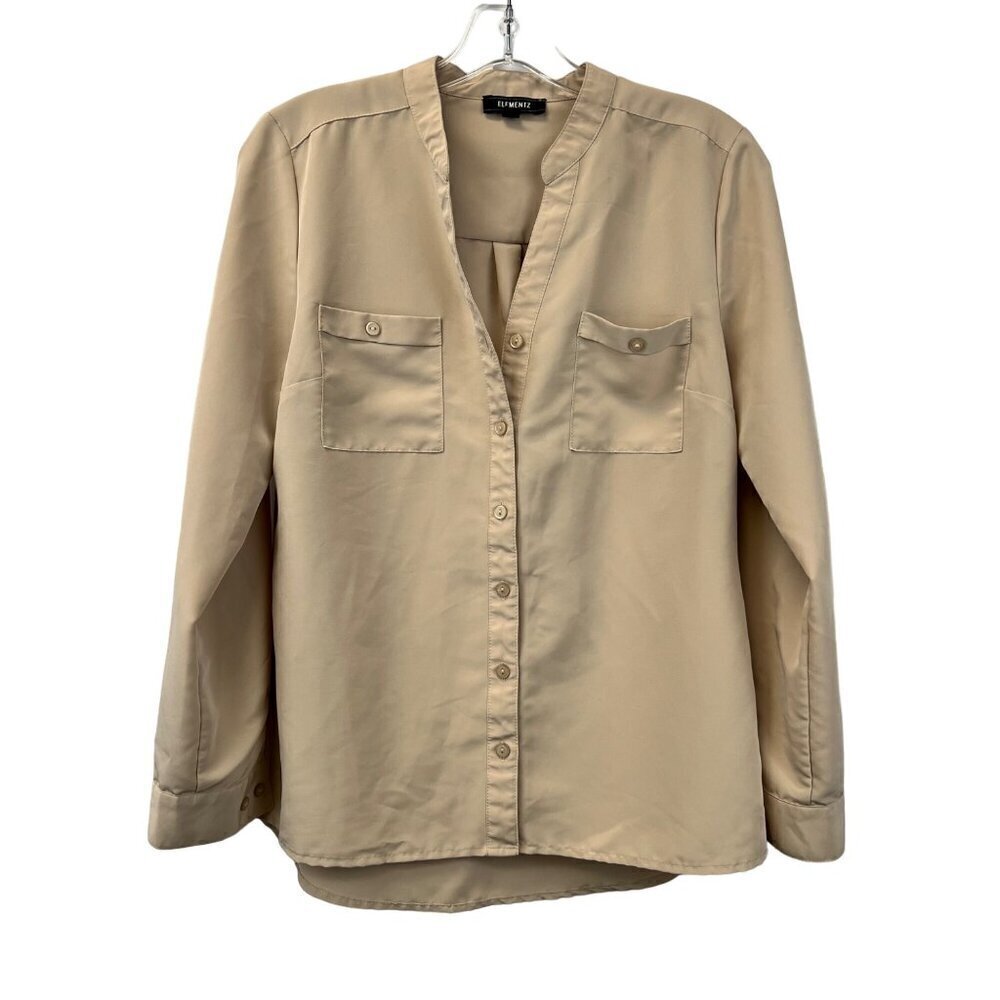 Elementz Women’s Button Down Long Sleeve Blouse Beige Small Pockets